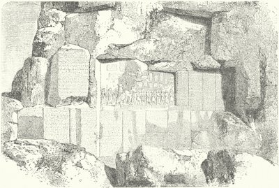 Mehrsprachige Felsinschriften am Berg Behistun (Stich) von German School