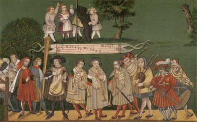 Musiker aus Augsburg, Deutschland, spielen für Tänzer des Geschlechtertanzes, 1520 von German School