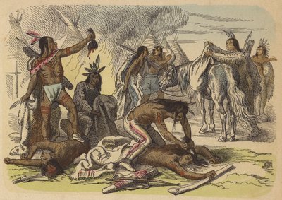 Indianer-Krieger nehmen die Skalps ihrer Feinde (kolorierte Gravur) von German School