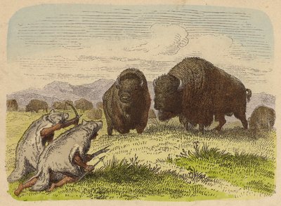 Indianer in Wolfsfellen jagen Büffel (kolorierte Gravur) von German School
