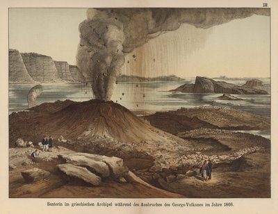 Nea Kameni, Vulkaninsel in der Caldera der griechischen Insel Santorini nach dem Ausbruch von 1866 (Farblithografie) von German School