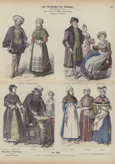 Norwegische und dänische Kostüme, frühes 17. Jahrhundert (farbiger Stich) von German School