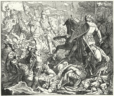 Otto I. von Deutschland besiegt die Magyaren in der Schlacht auf dem Lechfeld, 955 von German School