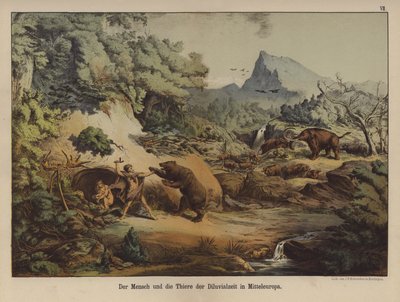 Menschen und Tiere des prähistorischen Europas (Farblithografie) von German School