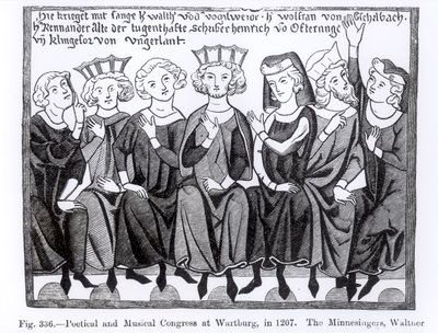 Dichter- und Musikerkongress, Wartburg, 1207, Illustration aus Wissenschaft und Literatur im Mittelalter und der Renaissance, geschrieben und graviert von Paul Lacroix, 1878 von German School