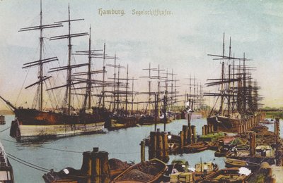 Postkarte des Segelschiffhafens in Hamburg, ca. 1900 von German School