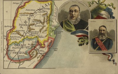 Präsident Paul Kruger, General Piet Joubert und eine Karte des Transvaal und Oranje-Freistaats von German School