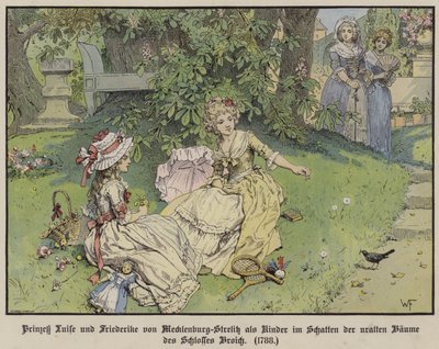 Prinzessinnen Louise und Frederike von Mecklenburg-Strelitz im Schatten unter den Bäumen von Schloss Broich als Kinder von German School