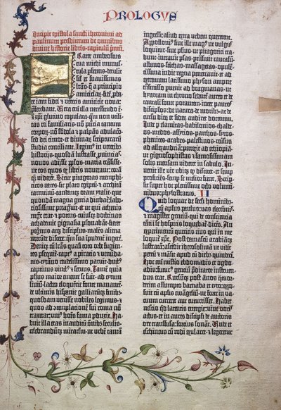 Prolog-Folio mit goldenen und grünen Buchstaben "F" und Rand aus Blättern, Blumen, Ranken und Vogel, 1455 von German School