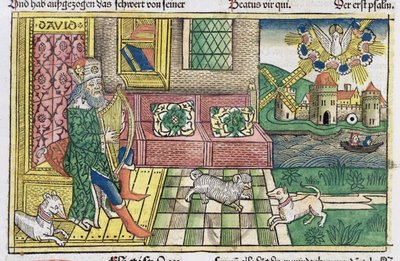 Psalmen: Frontispiz zeigt König David, der die Leier spielt, aus der Nürnberger Bibel (Biblia Sacra Germanaica) von German School