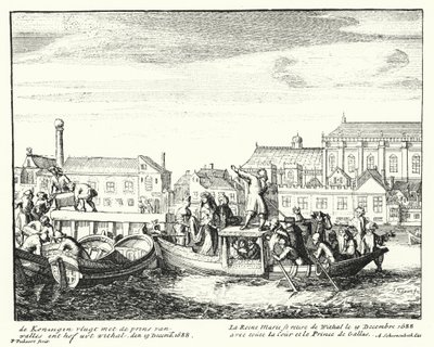 Königin Maria, Gemahlin von König Jakob II., flieht mit dem Prinzen von Wales und ihrem gesamten Hof aus England, Dezember 1688 (Gravur) von German School