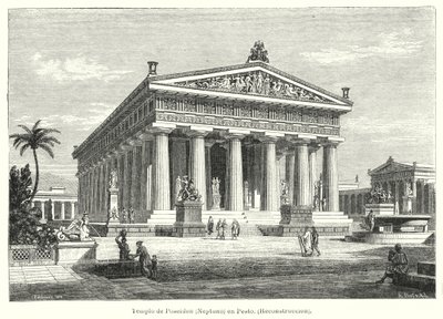 Rekonstruktion des antiken griechischen Tempels des Poseidon, Paestum, Italien von German School