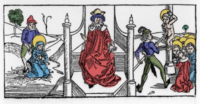 Darstellung des Martyriums der heiligen Symphorosa, einer Christin des 2. Jahrhunderts, und ihrer sieben Söhne, unter der Herrschaft von Kaiser Hadrian. Gravur aus „Leben der Heiligen - Sommerteil“ von Jacobus (James) von Voragine (1228-1298) von German School