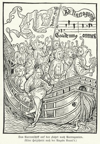 Szene aus Sebastian Brants satirischer Allegorie Narrenschiff von German School