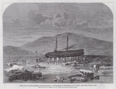 Schoner Germania bei der Sabine-Insel vor der Ostküste Grönlands, zweite deutsche Nordpolarexpedition, Ende Oktober 1869 (Stich) von German School