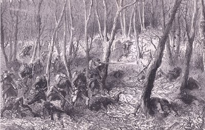 Scharmützel im Wald außerhalb von Paris, Cassells Geschichte des Krieges zwischen Frankreich und Deutschland, veröffentlicht von Cassell und Company Limited, ca. 1890 von German School