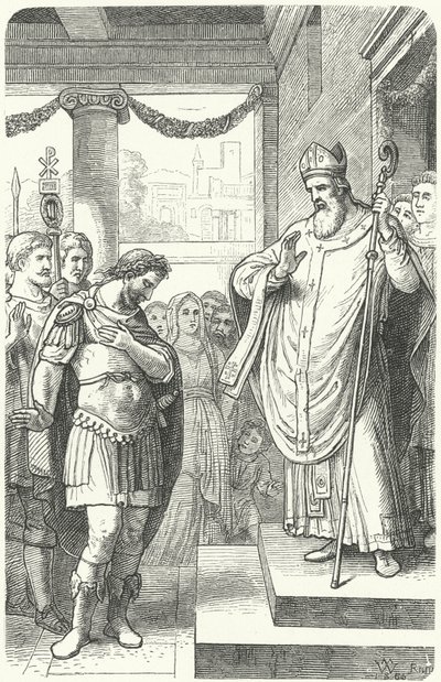 Der heilige Ambrosius verwehrt dem römischen Kaiser Theodosius I. den Eintritt in den Mailänder Dom als Strafe für das Massaker von Thessaloniki, 390 von German School