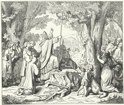Der heilige Bonifatius fällt die Donareiche, die den heidnischen Deutschen heilig war (Gravur) von German School