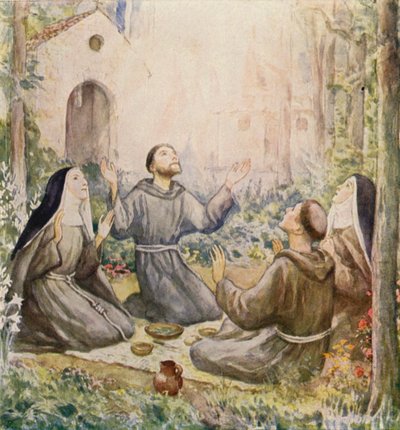 St. Franziskus und St. Klara von Assisi essen die Mahlzeit vor der Kirche St. Maria der Engel von German School