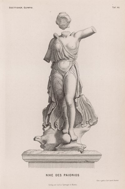 Statue der Nike, antike griechische Siegesgöttin, von Paionios, ausgegraben in Olympia, Griechenland von German School