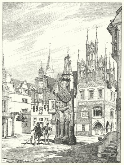 Statue von Roland, errichtet 1404 vor der Kathedrale in Bremen, Deutschland (Gravur) von German School