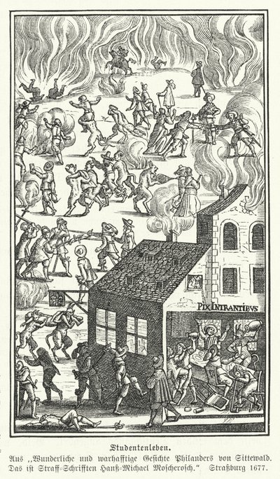 Studentenleben: Szene aus Gesichte Philanders von Sittewald, von Johann Michael Moscherosch (Gravur) von German School