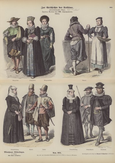 Schweizer Kostüme, Mitte des 17. Jahrhunderts (farbiger Stich) von German School