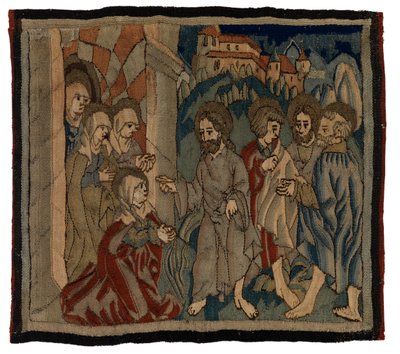 Wandteppichpanel mit Szenen aus der Passion von einem Antependium, aus dem Oberrheingebiet (Wolle & Leinen) von German School