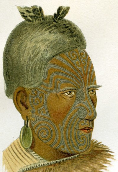 Tätowiertes Gesicht eines Maori-Häuptlings, 1894 von German School