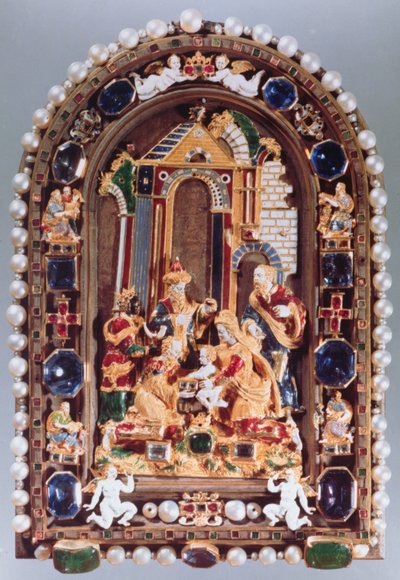 Die Anbetung der Könige, Reliefplatte mit Miniaturfiguren der vier Evangelisten und Putti, abwechselnd mit Saphiren, aus München von German School
