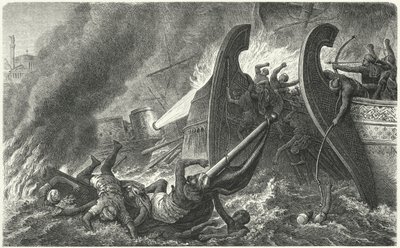 Die Byzantiner verwenden griechisches Feuer gegen eine angreifende arabische Flotte (Gravur) von German School