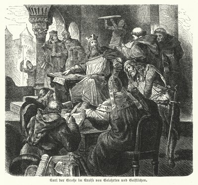 Der Kaiser Karl der Große umgeben von Gelehrten und Klerikern von German School