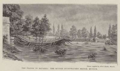 Die Überschwemmungen in Bayern, die zerstörte Bogenhausen-Brücke, München (Lithografie) von German School