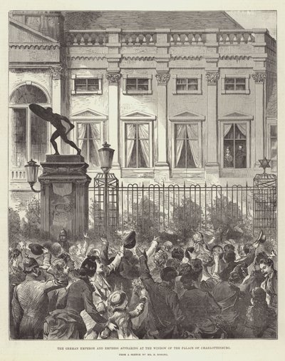Der deutsche Kaiser und die Kaiserin erscheinen am Fenster des Schlosses Charlottenburg (Gravur) von German School