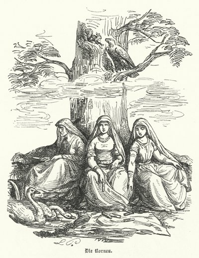 Die Nornen, weibliche Wesen der nordischen Mythologie (Gravur) von German School
