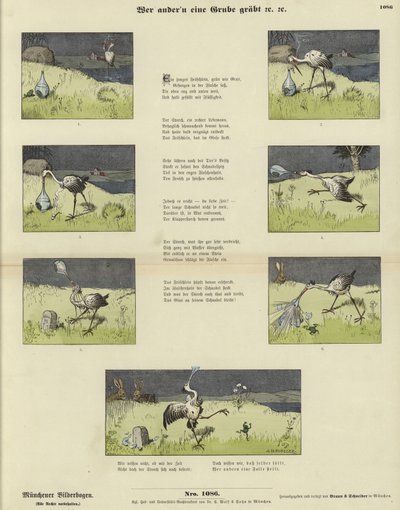 Der Storch und der Frosch in einer Vase (farbige Gravur) von German School