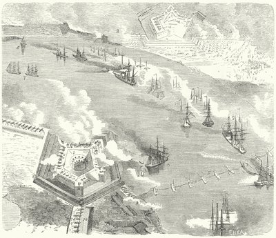 Die Union-Flotte greift Fort Jackson und Fort St. Philip, Louisiana, Amerikanischer Bürgerkrieg, 1862 an von German School
