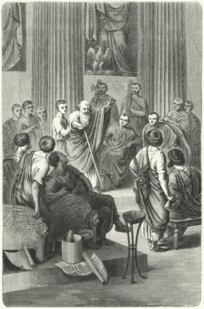 Der blinde Appius Claudius Caecus spricht im Römischen Senat gegen Cineas, den Botschafter von Pyrrhus von Epirus, 279 v. Chr. (Gravur) von German School