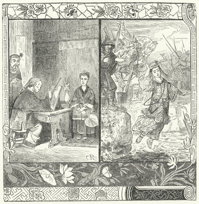 Der Tod von Wang Zhaojun in Ma Zhiyuans Gedicht Herbst im Han-Palast (Stich) von German School