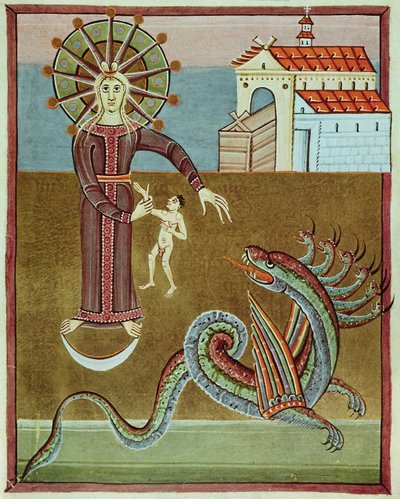 Die mit der Sonne bekleidete Frau wird vom Drachen mit sieben Köpfen angegriffen, Faksimile der Bamberger Apokalypse von German School