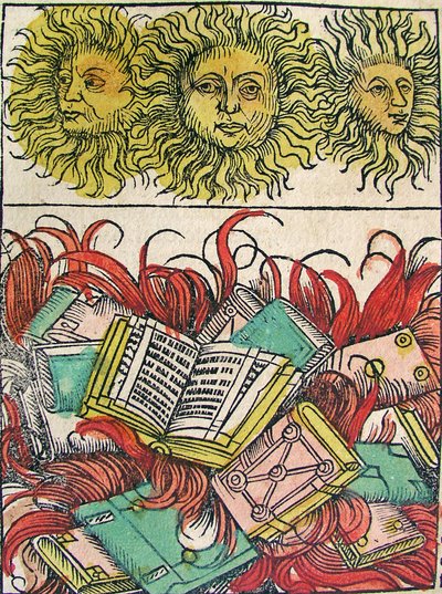 Drei Sonnen und Bücherverbrennung, veröffentlicht in der Nürnberger Chronik, 1493 von German School