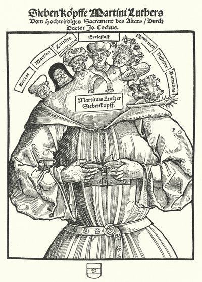 Titelseite des Pamphlets Die sieben Köpfe Martin Luthers von Johannes Cochlaeus von German School