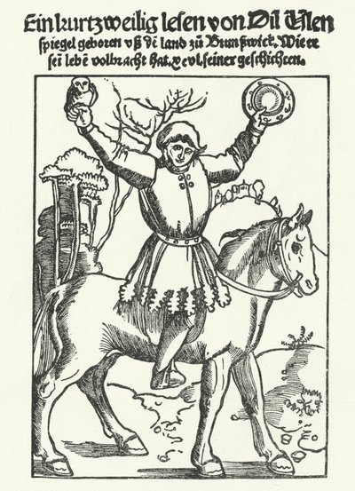 Till Eulenspiegel mit Eule und Spiegel (Stich) von German School