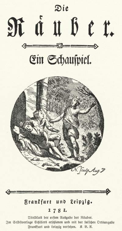 Titelseite der Erstausgabe von Friedrich Schillers Stück Die Räuber von German School