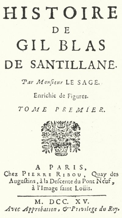 Titelseite der ersten Ausgabe von Gil Blas des französischen Romanciers und Dramatikers Alain-Rene Lesage, veröffentlicht 1715 (Stich) von German School