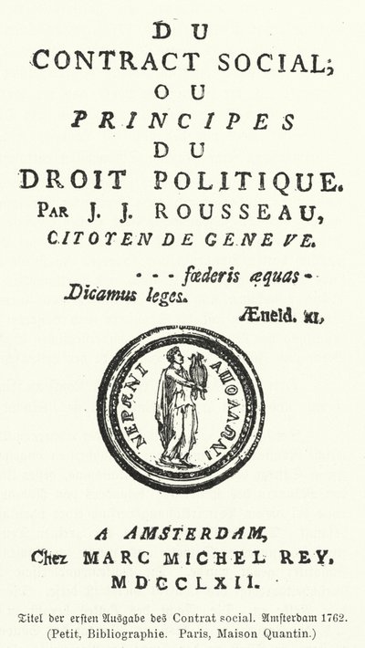 Titelseite der Erstausgabe von Der Gesellschaftsvertrag, von Jean-Jacques Rousseau von German School