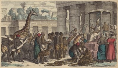 Tributgaben aus Äthiopien werden dem Pharao von Ägypten präsentiert (kolorierte Gravur) von German School