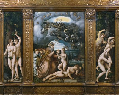 Triptychon der Schöpfung, Adam und Eva, Erschaffung Evas, Vertreibung aus dem Paradies von German School