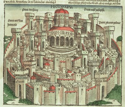 Ansicht der ummauerten Stadt Jerusalem mit dem Tempel Salomos und den Stadttoren, aus der Nürnberger Chronik von Hartmann Schedel, 1493 von German School