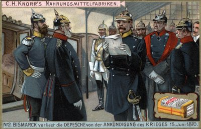 Krieg von 1870. Der preußische General Otto von Bismarck (1815-1898) liest die Kriegserklärung am 15. Juni von German School
